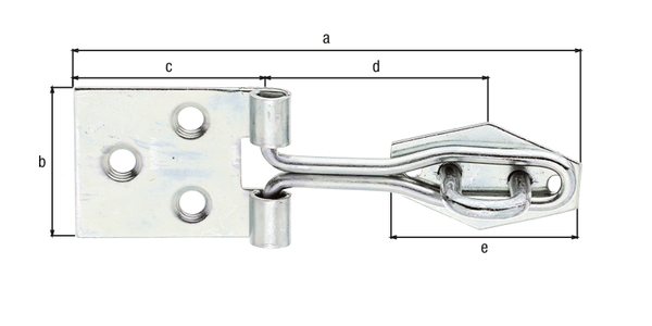 Hasp with staple, made of rolled wire, with countersunk screw holes, Material: raw steel, Surface: galvanised, thick-film passivated, Length of top latch: 80 mm, Width of screw-on plate: 26 mm, Length of screw-on plate: 30 mm, Distance centre of screw-on plate roller - centre of eye plate: 35 mm, Length of eye plate: 31 mm, No. of holes: 3 / 2, Hole: Ø4 / Ø3 mm