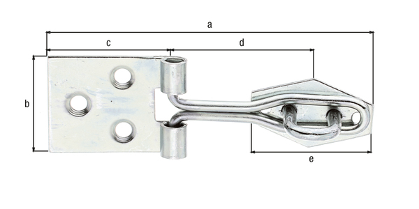 Überfalle mit Schlaufe aus gerolltem Draht, mit versenkten Schraublöchern, Material: Stahl roh, Oberfläche: galvanisch verzinkt, Dickschichtschutz, Länge Überfalle: 80 mm, Breite Anschraubplatte: 26 mm, Länge Anschraubplatte: 30 mm, Abstand Mitte Rolle Anschraubplatte - Mitte Ösenplatte: 35 mm, Länge Ösenplatte: 31 mm, Anzahl Löcher: 3 / 2, Loch: Ø4 / Ø3 mm