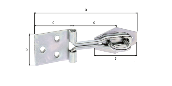 Überfalle mit Schlaufe aus gerolltem Draht, mit versenkten Schraublöchern, Material: Stahl roh, Oberfläche: galvanisch verzinkt, Dickschichtschutz, Länge Überfalle: 93,5 mm, Breite Anschraubplatte: 31,5 mm, Länge Anschraubplatte: 33,5 mm, Abstand Mitte Rolle Anschraubplatte - Mitte Ösenplatte: 42 mm, Länge Ösenplatte: 42 mm, Anzahl Löcher: 3 / 2, Loch: Ø4,3 / Ø4 mm