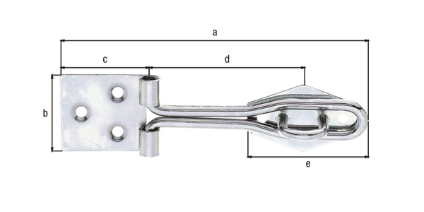 Hasp with staple, made of rolled wire, with countersunk screw holes, Material: raw steel, Surface: galvanised, thick-film passivated, Length of top latch: 120 mm, Width of screw-on plate: 31.5 mm, Length of screw-on plate: 35 mm, Distance centre of screw-on plate roller - centre of eye plate: 67 mm, Length of eye plate: 43 mm, No. of holes: 3 / 2, Hole: Ø4.4 / Ø3.6 mm