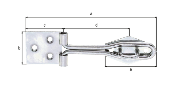 Überfalle mit Schlaufe aus gerolltem Draht, mit versenkten Schraublöchern, Material: Stahl roh, Oberfläche: galvanisch verzinkt, Dickschichtschutz, Länge Überfalle: 120 mm, Breite Anschraubplatte: 31,5 mm, Länge Anschraubplatte: 35 mm, Abstand Mitte Rolle Anschraubplatte - Mitte Ösenplatte: 67 mm, Länge Ösenplatte: 43 mm, Anzahl Löcher: 3 / 2, Loch: Ø4,4 / Ø3,6 mm