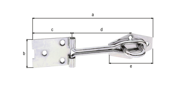 Hasp with staple, made of rolled wire, with countersunk screw holes, Material: raw steel, Surface: galvanised, thick-film passivated, Length of top latch: 140 mm, Width of screw-on plate: 36 mm, Length of screw-on plate: 45 mm, Distance centre of screw-on plate roller - centre of eye plate: 73 mm, Length of eye plate: 58 mm, No. of holes: 3 / 4, Hole: Ø5 / Ø4 mm