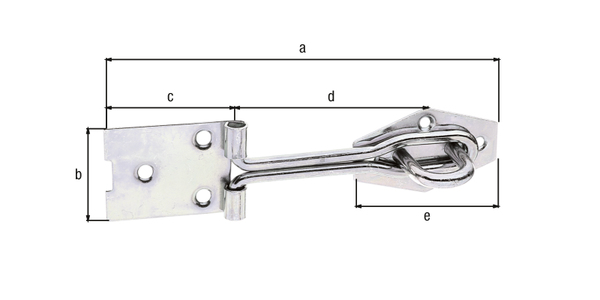 Chiusura con occhiello, in filo metallico rullato, con fori per viti incassate, Materiale: acciaio grezzo, superficie: galvanizzata, passivata a strato spesso, Lunghezza chiusura: 140 mm, 36 mm, Lunghezza piastra da avvitare: 45 mm, 73 mm, 58 mm, Numero di fori: 3 / 4, Foro: Ø5 / Ø4 mm