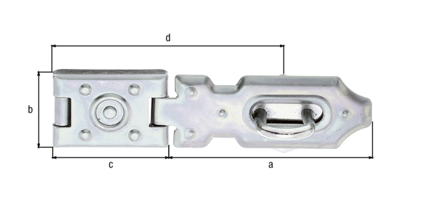 Moraillon de sécurité emboutie, <span dir="ltr">En fonction verrouillée, le dévissage est inaccessible</span>, Matériau: Acier brut, Finition: galvanisée passivée, Longueur moraillon: 70 mm, Largeur: 26 mm, Longueur platine à visser: 35 mm, Distance centre du trou oblong - centre de la goupille: 42 mm, Nombre de trous: 1 / 4 / 2, Trou: 7 x 23,5 / Ø3 / Ø4 mm