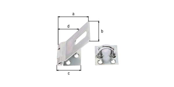 Aldabilla de seguridad, con agujeros de tornillos, con agujeros para atornillar avellanados, Material: Acero crudo, Superficie: galvanizados, pasivado con capa gruesa, Longitud albadilla: 85 mm, Anchura: 37 mm, Longitud platina para atornillar: 38 mm, Distancia centro del agujero oblongo - centro del pasador: 62,5 mm, Espesura del material: 2,00 mm, Número de agujeros: 1 / 3 / 4, Perforación: 10 x 32 / Ø6 / Ø5,4 mm