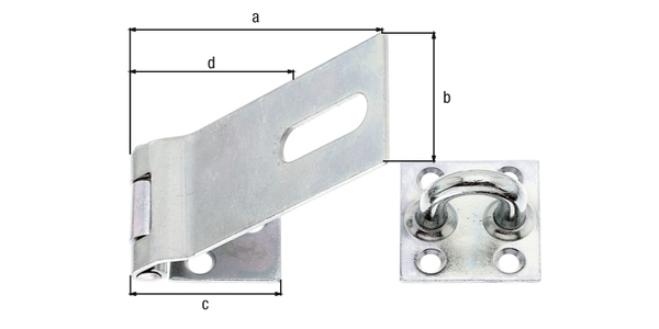 Sicherheits-Überfalle, mit verdeckten Schraublöchern, mit versenkten Schraublöchern, Material: Stahl roh, Oberfläche: galvanisch verzinkt, Dickschichtschutz, Länge Überfalle: 93 mm, Breite: 37 mm, Länge Anschraubplatte: 38 mm, Abstand Mitte Langloch - Mitte Stift: 70,5 mm, Materialstärke: 2,00 mm, Anzahl Löcher: 1 / 3 / 4, Loch: 10 x 32 / Ø6 / Ø5,4 mm