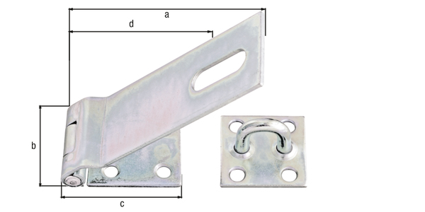 Sicherheits-Überfalle, mit verdeckten Schraublöchern, mit versenkten Schraublöchern, Material: Stahl roh, Oberfläche: galvanisch verzinkt, Dickschichtschutz, Länge Überfalle: 153 mm, Breite: 50 mm, Länge Anschraubplatte: 68 mm, Abstand Mitte Langloch - Mitte Stift: 121,5 mm, Materialstärke: 3,00 mm, Anzahl Löcher: 1 / 4 / 4, Loch: 14 x 40 / Ø8 / Ø8,5 mm