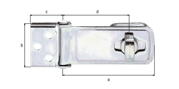 Security closing hasp, with blind screw holes, Material: raw steel, Surface: galvanised, thick-film passivated, Length of top latch: 85 mm, Width: 40 mm, Length of screw-on plate: 30 mm, Distance centre of slot - centre pin: 62 mm, Material thickness: 2.00 mm, No. of holes: 7, Hole: Ø6 mm