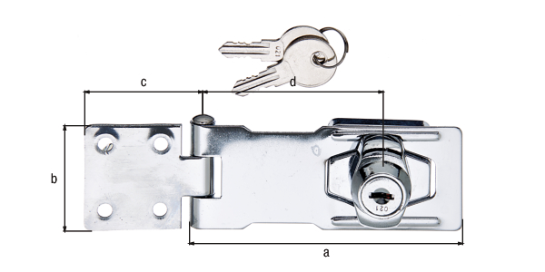 Security closing hasp, lockable, with countersunk screw holes, with blind screw holes, Material: raw steel, Surface: chrome-plated, Length of top latch: 100 mm, Width: 41.5 mm, Length of screw-on plate: 40 mm, Distance centre of slot - centre pin: 70 mm, Material thickness: 1.75 mm, No. of holes: 4 / 4, Hole: Ø4.5 / Ø5 mm