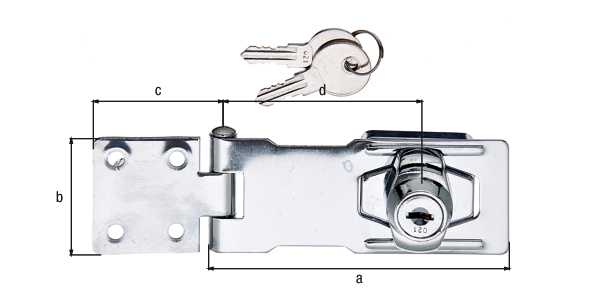 Sicherheits-Überfalle, abschließbar, mit versenkten Schraublöchern, mit verdeckten Schraublöchern, Material: Stahl roh, Oberfläche: chromatiert, Länge Überfalle: 100 mm, Breite: 41,5 mm, Länge Anschraubplatte: 40 mm, Abstand Mitte Langloch - Mitte Stift: 70 mm, Materialstärke: 1,75 mm, Anzahl Löcher: 4 / 4, Loch: Ø4,5 / Ø5 mm