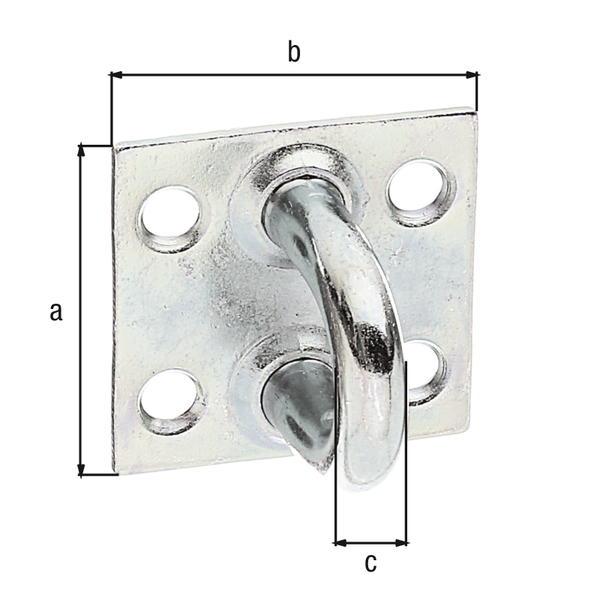 Eye plate, Material: raw steel, Surface: galvanised, thick-film passivated, Plate length: 37 mm, Plate width: 37 mm, eye-Ø: 7 mm, Clip width: 27.5 mm, Clip height: 27 mm, Material thickness: 2.00 mm, No. of holes: 4, Hole: Ø5.5 mm