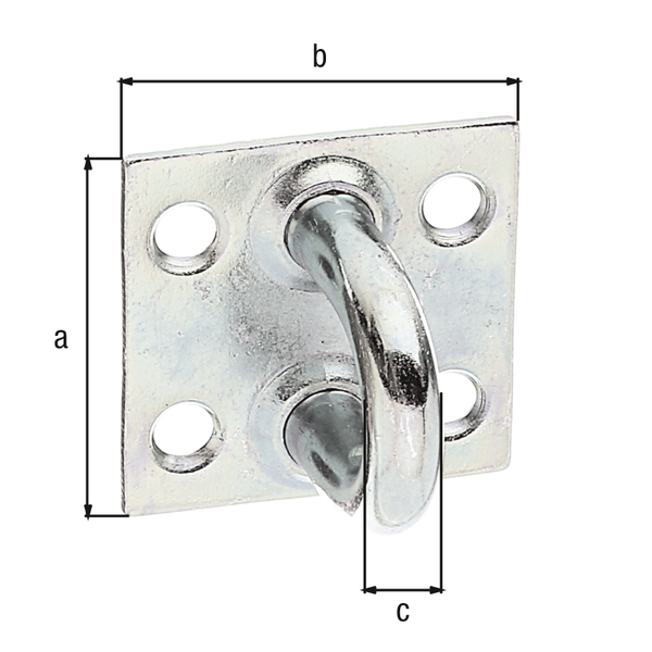 Ojo sobre pletina, Material: Acero crudo, Superficie: galvanizados, pasivado con capa gruesa, Longitud de la pletina: 37 mm, Anchura de la pletina: 37 mm, Ø del estribo: 7 mm, Espesura del material: 2,00 mm, Número de agujeros: 4, Perforación: Ø5,5 mm