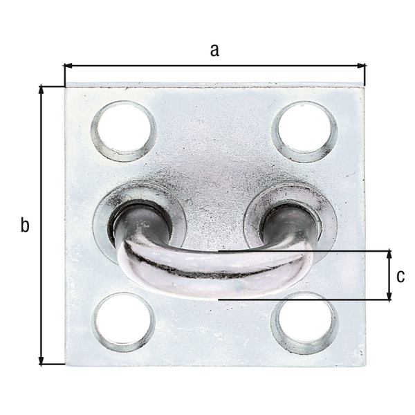 Öse auf Platte, Material: Stahl roh, Oberfläche: galvanisch verzinkt, Dickschichtschutz, Plattenlänge: 50 mm, Plattenbreite: 50 mm, Bügel-Ø: 8 mm, Materialstärke: 3,00 mm, Anzahl Löcher: 4, Loch: Ø9 mm