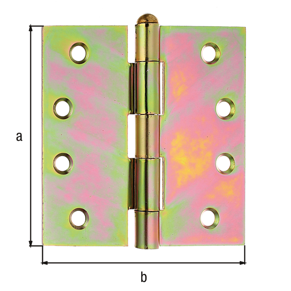 Scharnier, quadratisch, mit losem Edelstahlstift, mit versenkten Schraublöchern, Material: Stahl roh, Oberfläche: sendzimirverzinkt, Länge: 100 mm, Breite: 100 mm, Ausführung: gerollt, Materialstärke: 2,50 mm, Anzahl Löcher: 8, Loch: Ø5,8 mm