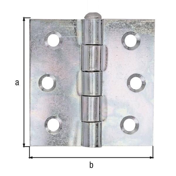 Hinge, squared, with loose stainless steel pin, with countersunk screw holes, Material: raw steel, Surface: sendzimir galvanised, Length: 63 mm, Width: 63 mm, Type: rolled, Material thickness: 2.00 mm, No. of holes: 6, Hole: Ø5.8 mm