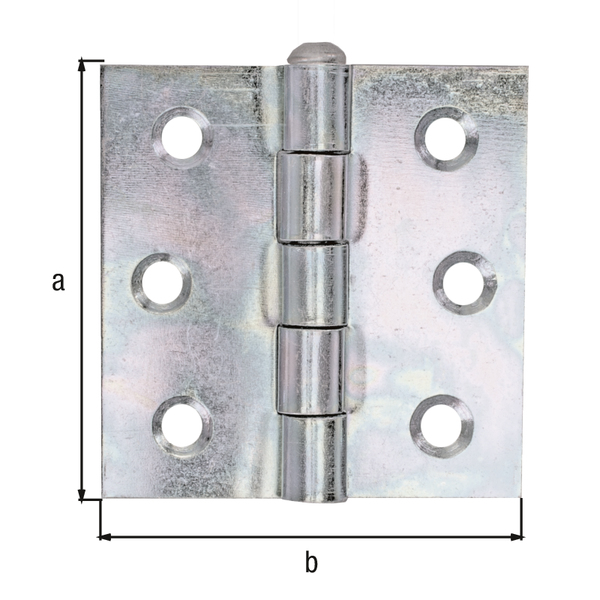 Bisagra cuadrada, con pasador de acero inoxidable no remachado, con agujeros para atornillar avellanados, Material: Acero crudo, Superficie: acero galvanizado Sendzimir, Longitud: 63 mm, Anchura: 63 mm, Versión: enrollado, Espesura del material: 2,00 mm, Número de agujeros: 6, Perforación: Ø5,8 mm