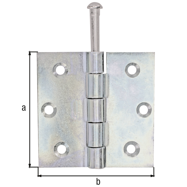 Hinge, squared, with loose stainless steel pin, with countersunk screw holes, Material: raw steel, Surface: sendzimir galvanised, Length: 76 mm, Width: 76 mm, Type: rolled, Material thickness: 2.00 mm, No. of holes: 6, Hole: Ø5.8 mm