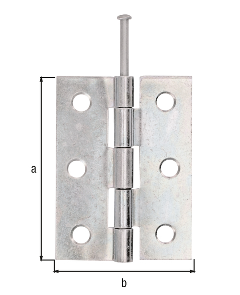 Hinge, medium, with loose stainless steel pin, with countersunk screw holes, Material: raw steel, Surface: sendzimir galvanised, Length: 63 mm, Width: 45 mm, Type: rolled, Material thickness: 1.50 mm, No. of holes: 6, Hole: Ø5.3 mm