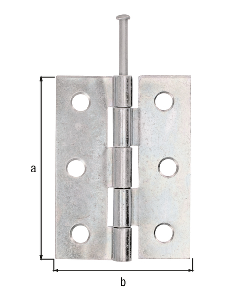 Scharnier, halbbreit, mit losem Edelstahlstift, mit versenkten Schraublöchern, Material: Stahl roh, Oberfläche: sendzimirverzinkt, Länge: 63 mm, Breite: 45 mm, Ausführung: gerollt, Materialstärke: 1,50 mm, Anzahl Löcher: 6, Loch: Ø5,3 mm
