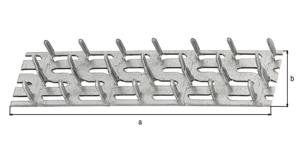 Nagelplatte, Material: Stahl roh, Oberfläche: sendzimirverzinkt, zum Einschlagen, Länge: 102 mm, Breite: 25 mm, Nagellänge: 8 mm, Materialstärke: 1,00 mm, CutCase