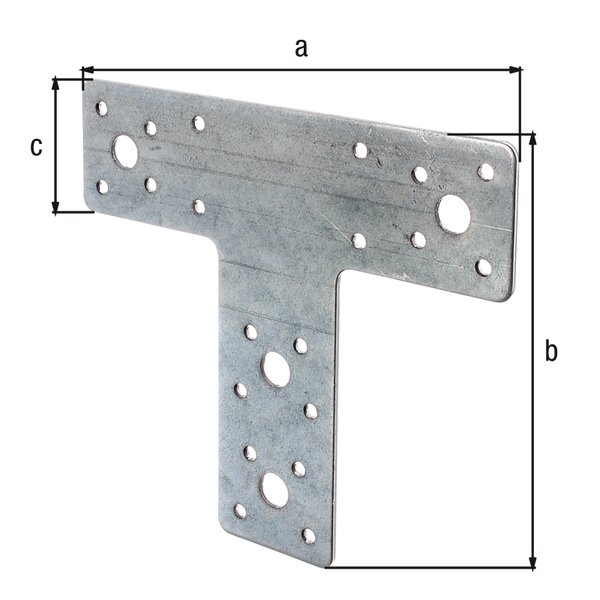 Flat connector T shaped, Material: raw steel, Surface: sendzimir galvanised, Length: 160 mm, Height: 142 mm, Width: 45 mm, Material thickness: 2.50 mm, No. of holes: 4 / 20, Hole: Ø11 / Ø5 mm, CutCase