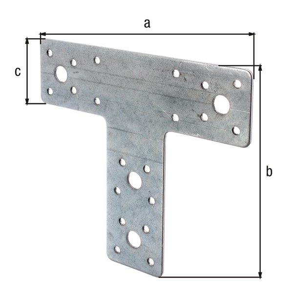 Pletina de ensamblaje de forma T, Material: Acero crudo, Superficie: acero galvanizado Sendzimir, Longitud: 160 mm, Altura: 142 mm, Anchura: 45 mm, Espesura del material: 2,50 mm, Número de agujeros: 4 / 20, Perforación: Ø11 / Ø5 mm, CutCase