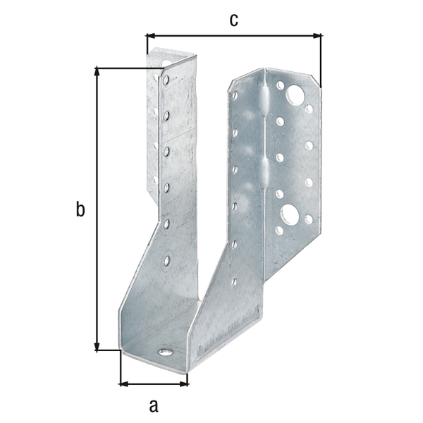 Staffa per travi, tipo A, Materiale: acciaio grezzo, superficie: zincata sendzimir, con marcatura CE ai sensi della ETA-08/0171, larghezza netta: 40 mm, altezza: 140 mm, larghezza totale: 110 mm, Spessore del materiale: 2,00 mm, Numero di fori: 4 / 28, Foro: Ø11 / Ø5 mm, CutCase