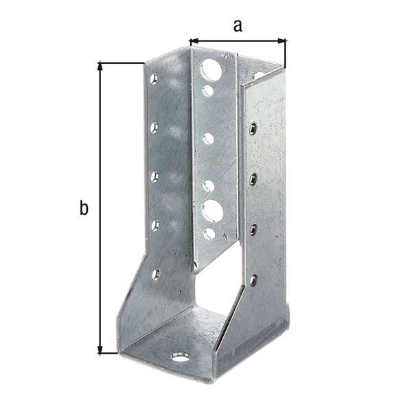 Balkenschuh, Typ B, Material: Stahl roh, Oberfläche: sendzimirverzinkt, mit CE-Kennzeichnung nach ETA-08/0171, lichte Breite: 40 mm, Höhe: 110 mm, Materialstärke: 2,00 mm, Anzahl Löcher: 4 / 17, Loch: Ø9 / Ø5 mm, CutCase