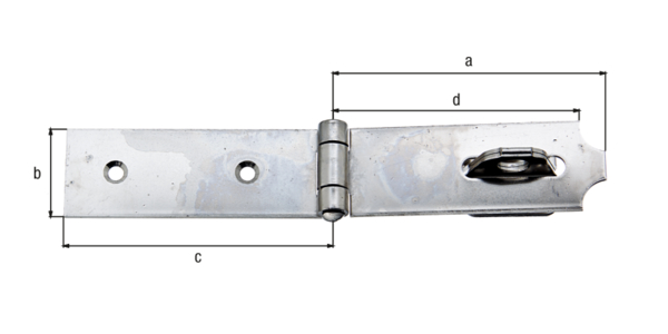 Hasp, with countersunk screw holes, Material: stainless steel, Length of top latch: 99 mm, Width: 35 mm, Length of screw-on plate: 99 mm, Distance centre of slot - centre pin: 66.5 mm, Material thickness: 2.00 mm, No. of holes: 1 / 2, Hole: 8 x 37 / Ø5.8 mm