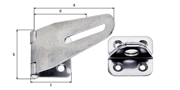 Sicherheits-Überfalle, mit verdeckten Schraublöchern, mit versenkten Schraublöchern, Material: Edelstahl, Länge Überfalle: 83 mm, Breite: 37 mm, Länge Anschraubplatte: 30 mm, Abstand Mitte Langloch - Mitte Stift: 56 mm, Länge Ösenplatte: 35 mm, Materialstärke: 1,50 mm, Anzahl Löcher: 1 / 2 / 4, Loch: 5,5 x 38 / Ø5 / Ø4 mm