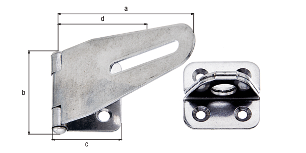 Security closing hasp, with blind screw holes, with countersunk screw holes, Material: stainless steel, Length of top latch: 83 mm, Width: 37 mm, Length of screw-on plate: 30 mm, Distance centre of slot - centre pin: 56 mm, Length of eye plate: 35 mm, Material thickness: 1.50 mm, No. of holes: 1 / 2 / 4, Hole: 5.5 x 38 / Ø5 / Ø4 mm