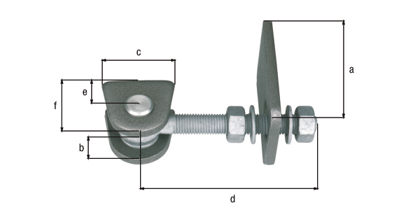 Gate hinge for 180° opening, short version, Material: weld-on parts: raw steel, bolt and splint: stainless steel, Surface: screws and nuts: hot-dip galvanised, Length of weld-on strip: 75 mm, Distance weld-on plates: 19 mm, Width of weld-on plate: 44 mm, Length of eye bolt: 120 mm, Distance centre pin - end of weld-on plate: 25 mm, Height of weld-on part: 45 mm, Thread: M12, in bargain pack
