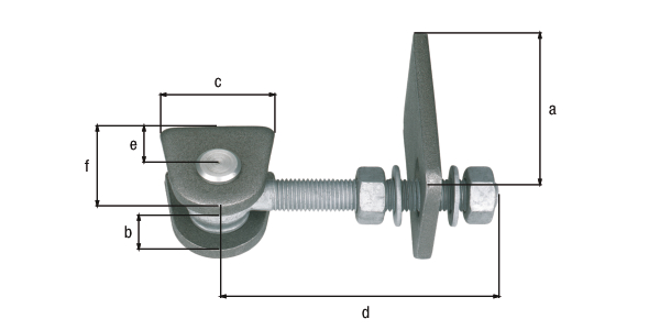 Gond réglable pour ouverture de 180°, court, Matériau: Pièces à souder : Acier brut, boulons et goupille : Acier inoxydable, Finition: vis et écrous : galvanisés à chaud, Longueur penture à souder: 75 mm, Distance patte à souder: 19 mm, Largeur patte à souder: 44 mm, Longueur boulon à œillet: 120 mm, Distance milieu boulon - fin patte à souder: 25 mm, Hauteur pièce à souder: 45 mm, Filetage: M12, en paquets grandes dimensions