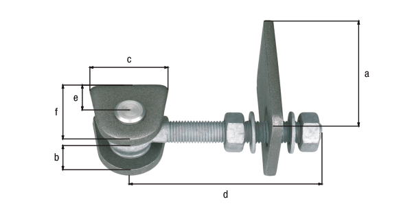 Pernio de pórtico para una apertura máxima 180°, corto, Material: Piezas para soldar: acero crudo, pernos y pasador: acero inoxidable, Superficie: Tornillos y tuercas: galvanizados en caliente, Longitud gozne para soldar: 86 mm, Distancia bridas para soldar: 23 mm, Anchura brida para soldar: 55 mm, Longitud armella: 130 mm, Distancia centro del perno - extremo brida para soldar: 28 mm, Altura pieza para soldar: 50 mm, Roscado: M16, en paquete grande