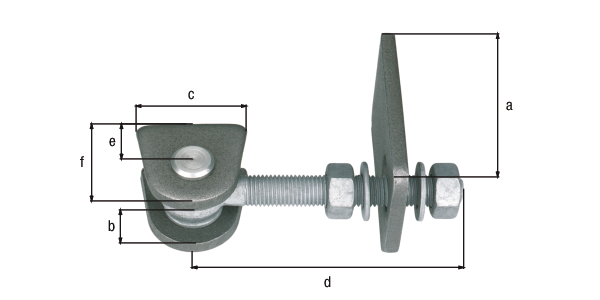Gate hinge for 180° opening, short version, Material: weld-on parts: raw steel, bolt and splint: stainless steel, Surface: screws and nuts: hot-dip galvanised, Length of weld-on strip: 130 mm, Distance weld-on plates: 30 mm, Width of weld-on plate: 80 mm, Length of eye bolt: 150 mm, Distance centre pin - end of weld-on plate: 34 mm, Height of weld-on part: 65 mm, Thread: M20, in bargain pack