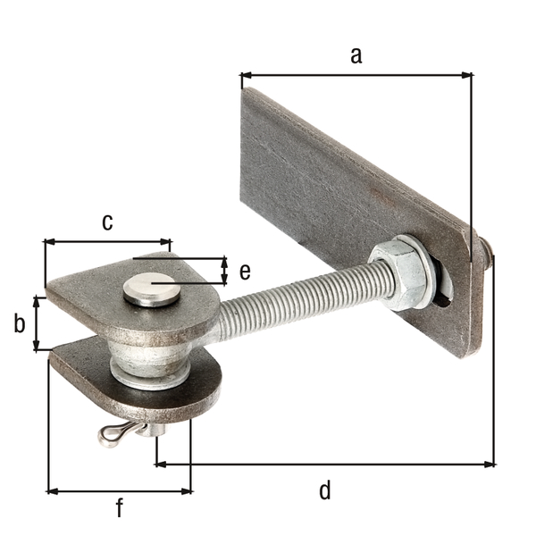 Gate hinge for 180° opening, long version, Material: weld-on parts: raw steel, bolt and splint: stainless steel, Surface: screws and nuts: hot-dip galvanised, Length of weld-on strip: 135 mm, Distance weld-on plates: 19 mm, Width of weld-on plate: 44 mm, Length of eye bolt: 120 mm, Distance centre pin - end of weld-on plate: 25 mm, Height of weld-on part: 45 mm, Thread: M12