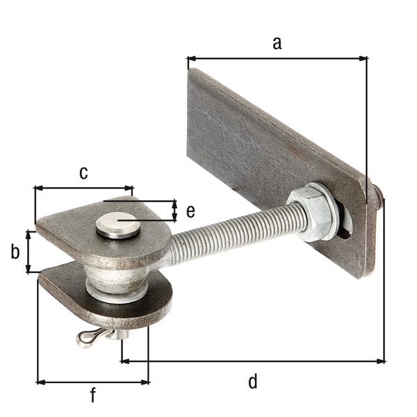 Gond réglable pour ouverture de 180°, long, Matériau: Pièces à souder : Acier brut, boulons et goupille : Acier inoxydable, Finition: vis et écrous : galvanisés à chaud, Longueur penture à souder: 135 mm, Distance patte à souder: 19 mm, Largeur patte à souder: 44 mm, Longueur boulon à œillet: 120 mm, Distance milieu boulon - fin patte à souder: 25 mm, Hauteur pièce à souder: 45 mm, Filetage: M12