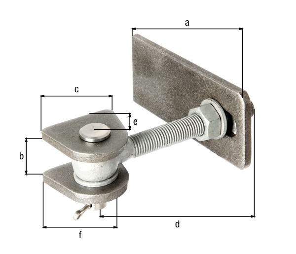 Cerniera per cancelli per apertura a 180°, modello lungo, Materiale: pezzi a saldare: acciaio grezzo, perno e copiglia: acciaio inox, superficie: viti e dadi: zincati a caldo, Lunghezza bandella a saldare: 146 mm, Distanza linguetta a saldare: 23 mm, Larghezza linguetta a saldare: 55 mm, Lunghezza vite a occhiello: 130 mm, Distanza Perno centrale - Estremità linguetta a saldare: 28 mm, Altezza pezzo da saldare: 50 mm, Filettatura: M16