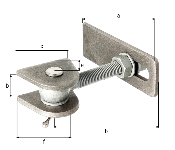 Gate hinge for 180° opening, long version, Material: weld-on parts: raw steel, bolt and splint: stainless steel, Surface: screws and nuts: hot-dip galvanised, Length of weld-on strip: 170 mm, Distance weld-on plates: 30 mm, Width of weld-on plate: 80 mm, Length of eye bolt: 150 mm, Distance centre pin - end of weld-on plate: 34 mm, Height of weld-on part: 65 mm, Thread: M20