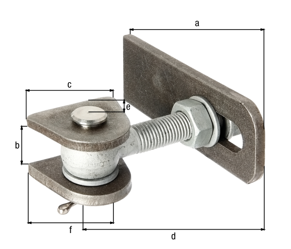 Gond réglable pour ouverture de 180°, long, Matériau: Pièces à souder : Acier brut, boulons et goupille : Acier inoxydable, Finition: vis et écrous : galvanisés à chaud, Longueur penture à souder: 190 mm, Distance patte à souder: 33 mm, Largeur patte à souder: 80 mm, Longueur boulon à œillet: 150 mm, Distance milieu boulon - fin patte à souder: 34 mm, Hauteur pièce à souder: 65 mm, Filetage: M24