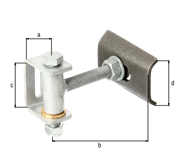 Gond réglable pour ouverture de 180°, ajustable sur trois niveaux, Matériau: Patte à souder : Acier brut, Finition: pièces restantes : galvanisées à chaud, 35 mm, 132 mm, Hauteur d'étrier: 70 mm, Hauteur de la patte à souder: 70 mm, 136 mm, Filetage: M16, Charge maxi: 150 kg, Nombre de trous: 1, Trou: 44 x 9 mm