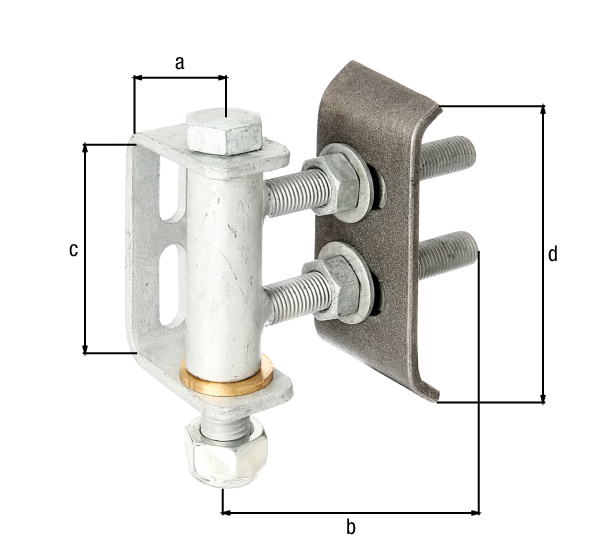 Gate hinge for 180° opening, adjustable in three levels, Material: weld-on plate: raw steel, Surface: remaining parts: hot-dip galvanised, 38 mm, 135 mm, eye height: 101 mm, Height of weld-on plate: 136 mm, Thread: M16, Max. load capacity: 300 kg, No. of holes: 2, Hole: 35 x 11 mm