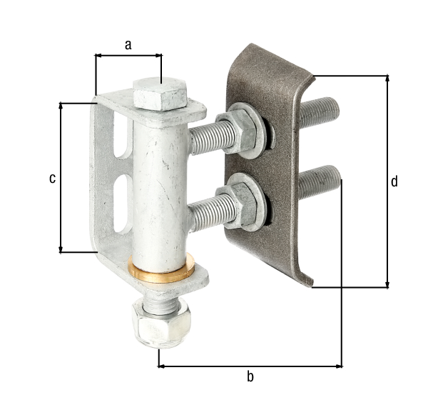 Pernio de pórtico para una apertura máxima 180°, regulable de tres niveles, Material: Atadero para soldar: acero crudo, Superficie: piezas restantes: galvanizadas en caliente, 38 mm, 135 mm, Altura del estribo: 101 mm, 136 mm, Roscado: M16, Carga máxima: 300 kg, Número de agujeros: 2, Perforación: 35 x 11 mm