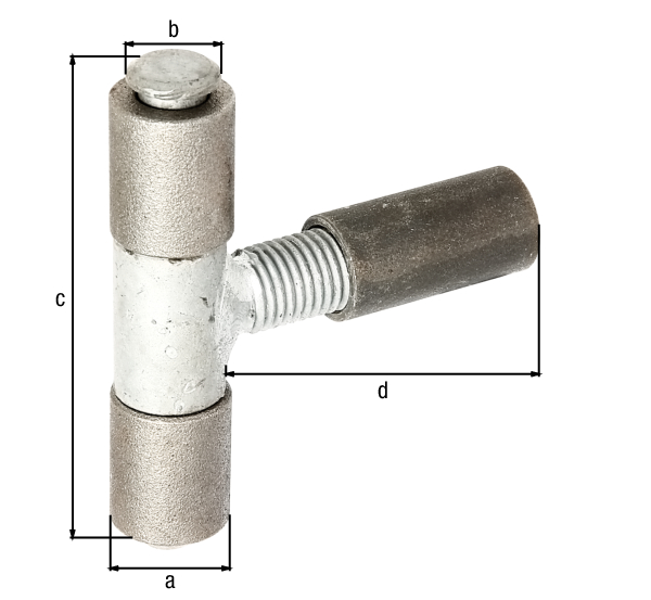 Weld-on hinge, adjustable, Material: raw steel, Surface: galvanised pin and middle part, for welding on, Diameter: 22 mm, Pin-Ø: 12 mm, Height: 87 mm, Total length: 90 mm, can be adjusted by: 40 mm, Thread: M16, Max. load capacity: 100 kg