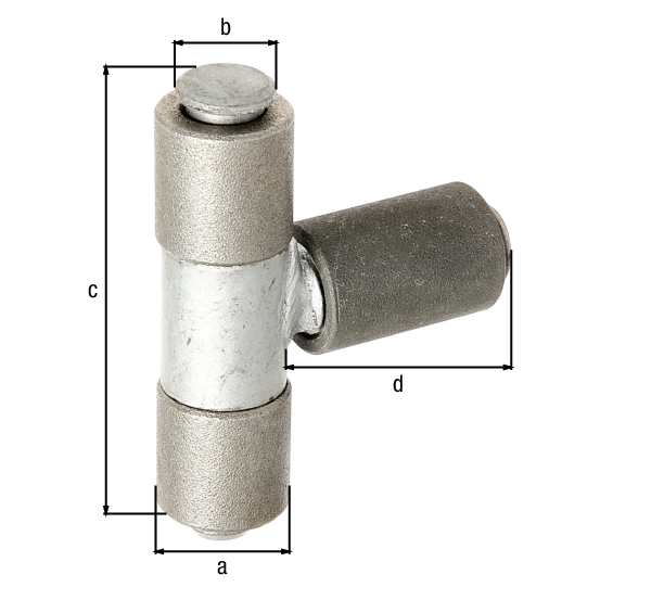 Weld-on hinge, adjustable, Material: raw steel, Surface: galvanised pin and middle part, for welding on, Diameter: 27 mm, Pin-Ø: 15 mm, Height: 90 mm, Total length: 92 mm, can be adjusted by: 40 mm, Thread: M20, Max. load capacity: 150 kg