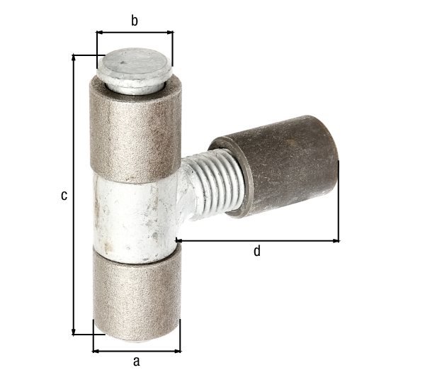 Weld-on hinge, adjustable, Material: raw steel, Surface: galvanised pin and middle part, for welding on, Diameter: 32 mm, Pin-Ø: 20 mm, Height: 95 mm, Total length: 95 mm, can be adjusted by: 40 mm, Thread: M24, Max. load capacity: 200 kg