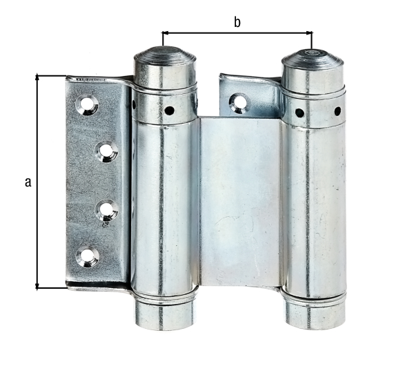 Swinging door hinge, with countersunk screw holes, Material: raw steel, Surface: blue galvanised, Contents per PU: 1 Piece, Height: 76 mm, Distance centre - centre of spring mounting: 52 mm, Width: 29 mm, Distance from wall: 34 mm, No. of holes: 8, Hole: Ø4.3 mm, Retail packaged