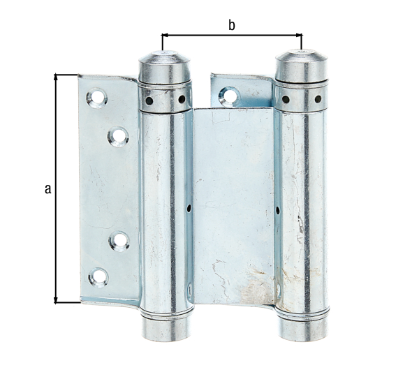 Swinging door hinge, with countersunk screw holes, Material: raw steel, Surface: blue galvanised, Contents per PU: 1 Piece, Height: 100 mm, Distance centre - centre of spring mounting: 53 mm, Width: 31 mm, Distance from wall: 36 mm, No. of holes: 8, Hole: Ø5.3 mm, Retail packaged
