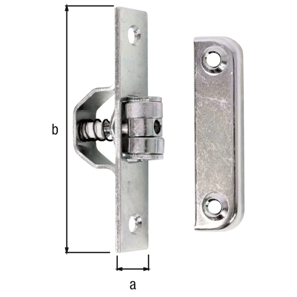 Roller snap lock for swinging gates, with countersunk screw holes, Material: raw steel, Surface: galvanised, thick-film passivated, Contents per PU: 1 Piece, Plate: 18 x 90 mm, No. of holes: 2 / 4, Hole: Ø6 / Ø4.8 mm, Retail packaged
