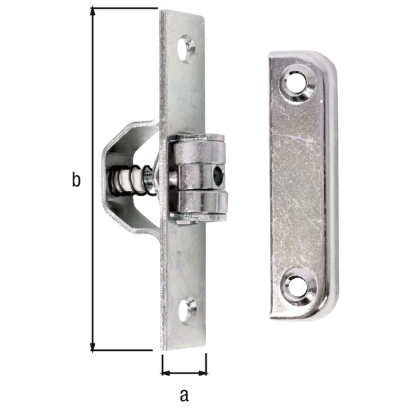 Rollschnäpper für Pendeltore, mit versenkten Schraublöchern, Material: Stahl roh, Oberfläche: galvanisch verzinkt, Dickschichtschutz, Inhalt pro PE: 1 St., Platte: 18 x 90 mm, Anzahl Löcher: 2 / 4, Loch: Ø6 / Ø4,8 mm, SB-verpackt